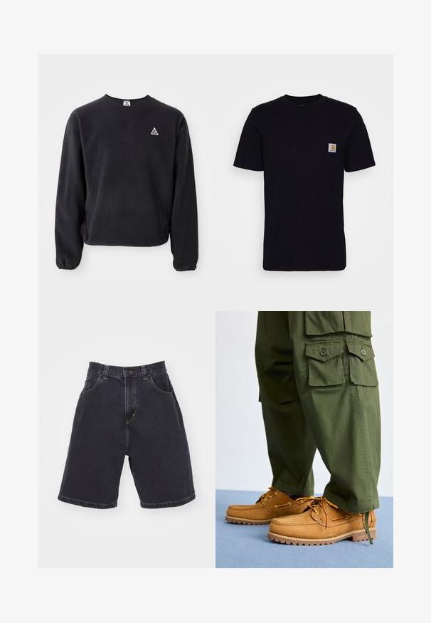 Schwarzer Pullover mit langen Ärmeln, Rundhalsausschnitt und elastischen Bündchen. Auf der linken Brust befindet sich ein kleines weißes Dreieckslogo. Weicher Stoff.; Schwarzes Baumwoll-T-Shirt mit kurzen Ärmeln, rundem Hals und einer Brusttasche, die mit einem kleinen, quadratischen Logo-Patch versehen ist. Einfaches, einfarbiges Design.; Dunkelblaue Jeansshorts mit hoher Taille, ausgestattet mit zwei Vordertaschen, kontrastierenden gelben Nähten und einem geraden Schnitt mit gesäumtem Abschluss.; Timberland AUTHENTIC 3 EYE - Bootsschuh - wheat