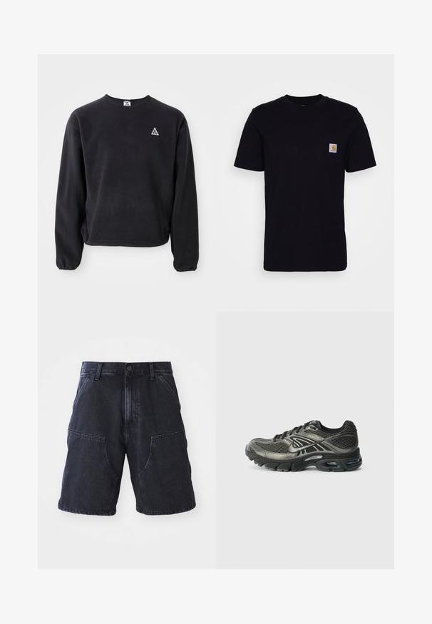 Zwarte sweatshirt met lange mouwen, ronde halslijn en elastische manchetten. Heeft een klein wit driehoeklogo op de linkerborst. Zachte textuur.; Zwarte katoenen t-shirt met korte mouwen, ronde hals en een borstzak met een klein, vierkant logo patch. Eenvoudig, stevig ontwerp.; Donkerdenim shorts met een rechte snit, grote voorzakken en een knoopsluiting; gladde textuur en minimale stikdetails.; Zwarte en grijze Nike hardloopschoen met een bovenwerk van gaas, verzachtende zool, zichtbare luchtkussens en veters op een effen witte achtergrond.