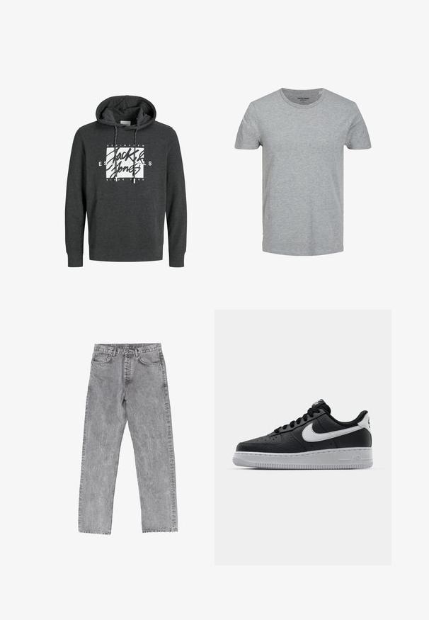 Dunkelgrauer Hoodie aus weichem Material, mit einer Fronttasche, Kapuze mit Kordelzug und einem großen weißen Grafiklogo auf der Brust.; Grau T-Shirt mit kurzen Ärmeln aus weicher Baumwolle. Mit klassischem Rundhalsausschnitt und normaler Passform. Einfaches Design ohne Muster oder Akzente.; Grau Denim-Jeans mit geradem Bein. Fünf Taschen, Reißverschluss vorne und Knopfverschluss. Leicht ausgefranster Look.; Schwarze Ledersneaker mit strukturierten Oberflächen, weißem Nike-Swoosh, grauer Sohle, runder Zehenpartie und Schnürdesign. Verfügt über Perforationen an der Zehenbox.