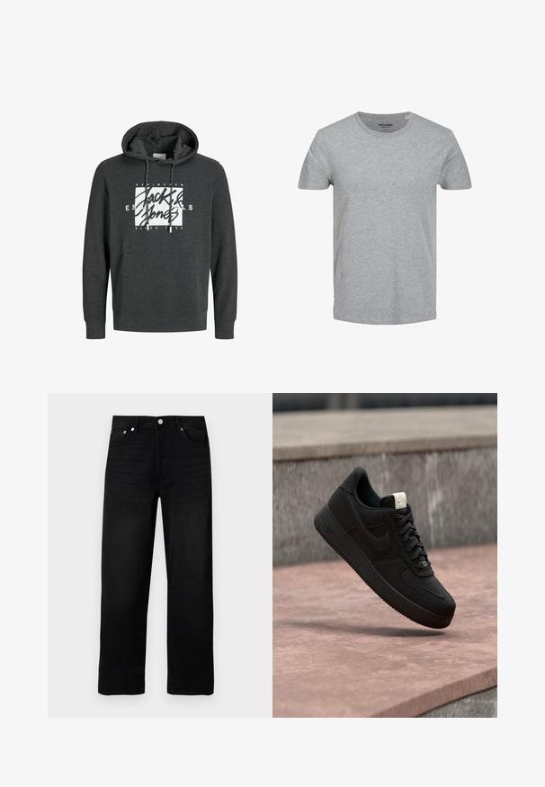 Haut à capuche gris foncé en matériau doux, doté d'une poche avant, d'une capuche avec cordon de serrage et d'un grand logo graphique blanc sur la poitrine.; T-shirt gris à manches courtes en coton doux. Doté d'un col ras du cou classique et d'une coupe régulière. Design simple sans motifs ni accents.; Jean noir droit avec cinq poches, fermeture à bouton métallique et passants de ceinture, présenté sur fond blanc.; Baskets Nike Air Force 1 noires flottant au-dessus d’un rebord en béton rose avec un fond en pierre grise, montrant des détails latéraux et supérieurs.