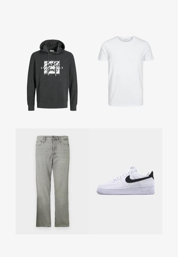 Dunkelgrauer Hoodie aus weichem Material, mit einer Fronttasche, Kapuze mit Kordelzug und einem großen weißen Grafiklogo auf der Brust.; Rundhals-T-Shirt mit kurzen Ärmeln in reinem Weiß, aus weicher Baumwolle, mit einem schlichten Design ohne sichtbare Muster oder Akzente.; Hellgraue Denim-Jeans mit geradem Schnitt, ausgestattet mit einer fünf Taschen-Stil, einem Frontreißverschluss und subtiler verblichener Textur.; Weißes Leder-Sneaker mit einem strukturierten schwarzen Swoosh, flachen Schnürsenkeln und einer Gummisohle mit genoppetem Muster. "AIR" ist auf der Ferse eingeprägt.