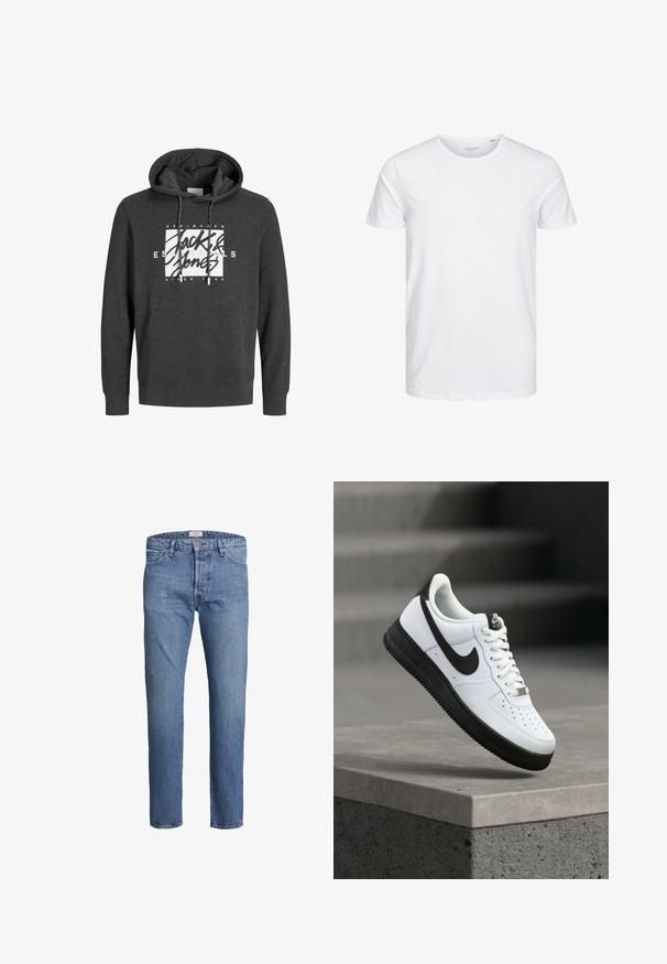 Mørkegrå hættetrøje lavet af blødt materiale, med en frontlomme, snoretræk til hætten og et stort hvidt grafisk logo på brystet.; Rundhals kortærmet t-shirt i ensfarvet hvid, lavet af blød bomuld, har et simpelt design uden synlige mønstre eller detaljer.; Lyseblå denim jeans med lige ben, fem-lomme design, en enkelt knap i taljen og diskret falmning over det hele.; Hvid lædersneaker med sorte detaljer, rundet tå og perforerede detaljer. Sort gummisål med tekstureret mønster og snørelukning.