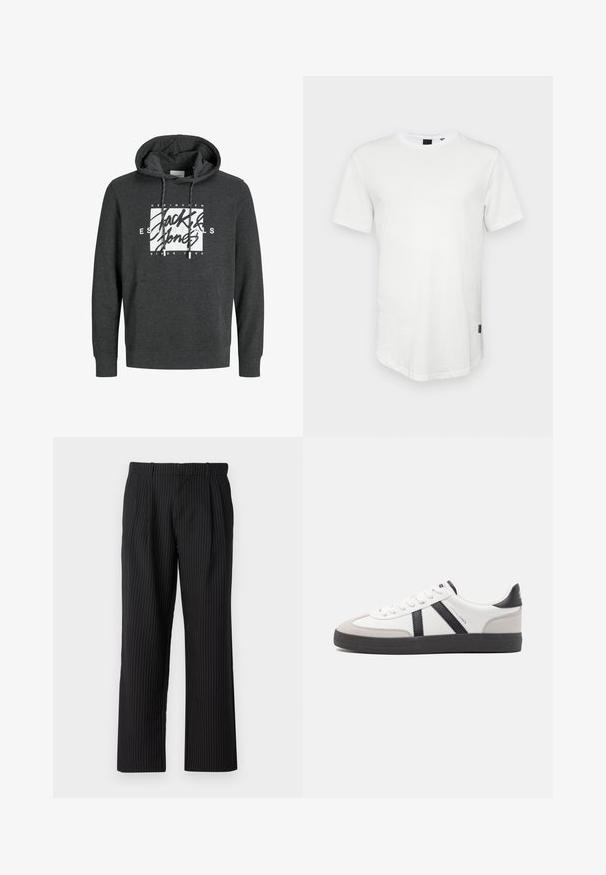 Haut à capuche gris foncé en matériau doux, doté d'une poche avant, d'une capuche avec cordon de serrage et d'un grand logo graphique blanc sur la poitrine.; T-shirt blanc à manches courtes en coton, avec un col rond et un dos légèrement allongé, arborant un petit logo sur le côté.; Jack & Jones Classic Wide Leg Fit - Pantalon classique - black; Baskets blanches avec des accents noirs et gris, présentant un embout texturé gris, une semelle en caoutchouc noir et des lacets plats blancs. Design épuré, style minimaliste.