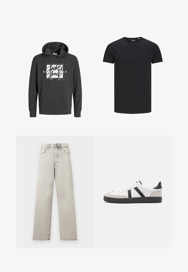 Haut à capuche gris foncé en matériau doux, doté d'une poche avant, d'une capuche avec cordon de serrage et d'un grand logo graphique blanc sur la poitrine.; T-shirt en coton noir avec un col rond, des manches courtes et un design simple. Texture lisse, sans motifs ni éléments visibles.; Jean denim gris clair taille haute à jambes droites avec poches avant, passants pour ceinture, fermeture par bouton et zip.; Baskets blanches avec des accents noirs et gris, présentant un embout texturé gris, une semelle en caoutchouc noir et des lacets plats blancs. Design épuré, style minimaliste.