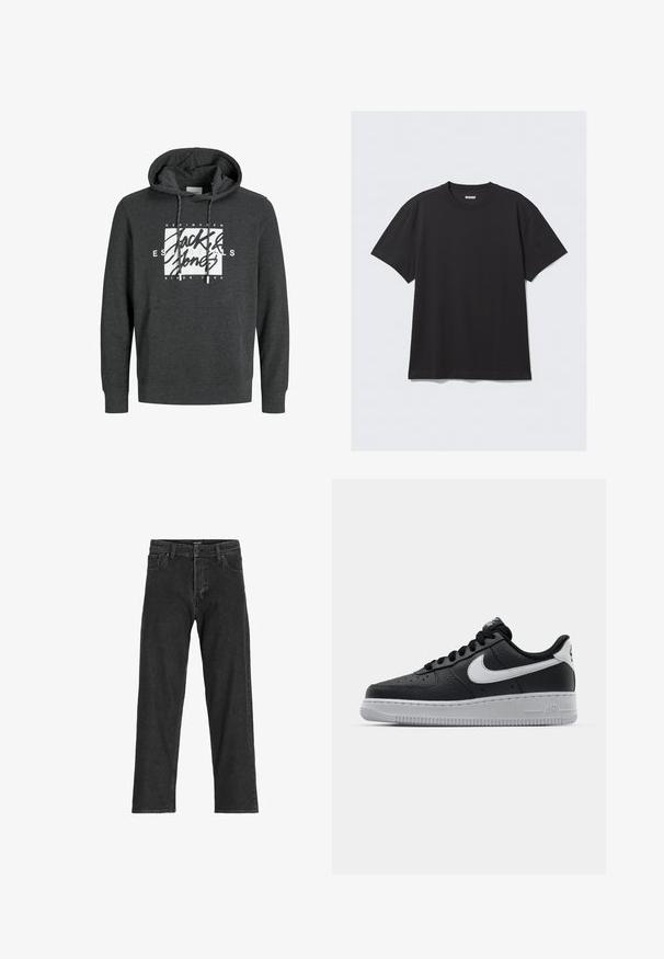 Mørkegrå hættetrøje lavet af blødt materiale, med en frontlomme, snoretræk til hætten og et stort hvidt grafisk logo på brystet.; Sort kortærmet t-shirt lavet af bomuld. Har en rund halsudskæring og en afslappet pasform. Enkel design uden synlige mønstre eller accenter.; Sorte denim jeans med lige ben-design, som har lynlås, bæltestropper og seks lommer, lavet af et robust bomuldsblandingsstof.; Sort lædersneaker med tekstureret overflade, hvid Nike swoosh, grå sål, rund tå og snørebåndsdesign. Har perforeringer på tåboksen.