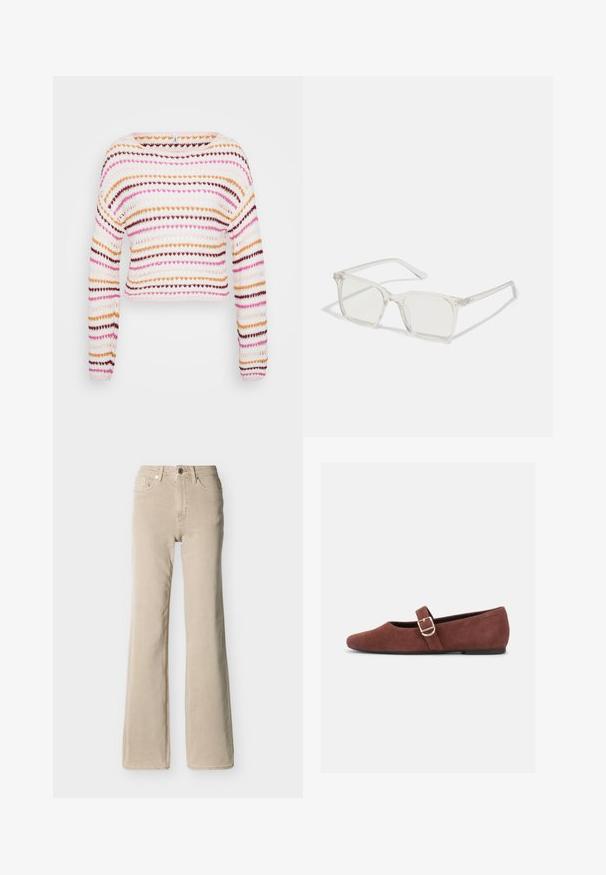 Strikket cropped sweater med vandrette striber i pink, orange og brun på en hvid baggrund. Bådhals og lange ærmer.; Beige højtaljede jeans med knap- og lynlåslukning foran, fem lommer og en let flared benåbning mod en ensfarvet baggrund.; Brun ruskind Mary Jane-flad sko med en guldspænde og sort sål på hvid baggrund.; Klare plastiske briller med firkantet ramme og gennemsigtige linser, der har guld accenter på tempelstængerne for ekstra detaljer.