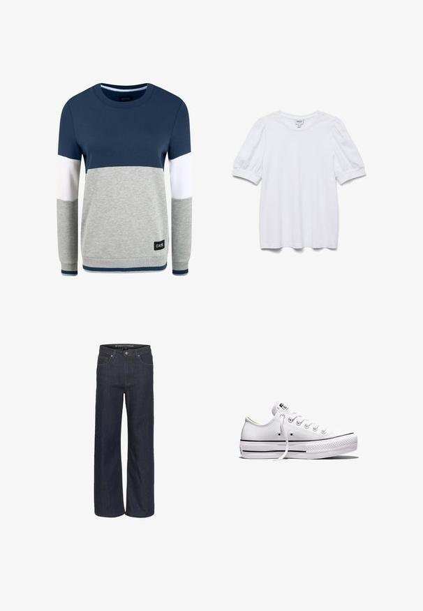 Oxmo OMAYA - Sweatshirt - insignia blue; Haut blanc à manches courtes avec un col rond et des manches bouffantes. Fabriqué en tissu lisse, présentant une étiquette portant la mention "AWARE".; Jean large en denim foncé avec une taille haute, comportant cinq poches, une couture contrastante et un ourlet brut en bas.; Baskets basses en toile blanche avec lacets blancs, semelle en caoutchouc, détails à rayures noires, et écusson logo sur la languette et le talon.
