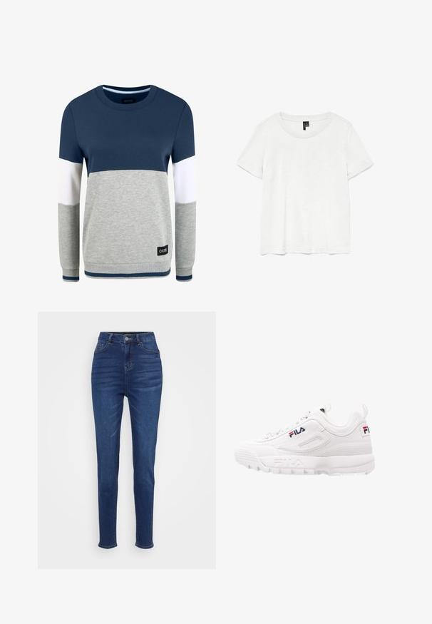 Oxmo OMAYA - Sweatshirt - insignia blue; Weißes T-Shirt mit kurzen Ärmeln und rundem Ausschnitt, hergestellt aus leichtem Stoff. Schlichtes Design, glatte Textur und gerader Saum.; Hoch taillierte, schmal geschnittene Jeans aus dunkelblauem Denim. Mit fünf Taschen, Gürtelschlaufen und einem Knopfverschluss sowie dezenten Auswaschungen entlang der Beine.; Weißer Sportschuh mit gepolstertem Kragen, Obermaterial aus Mesh und synthetischem Leder, Logodetail in Rot und Marineblau sowie dickem Gummi-Profil.