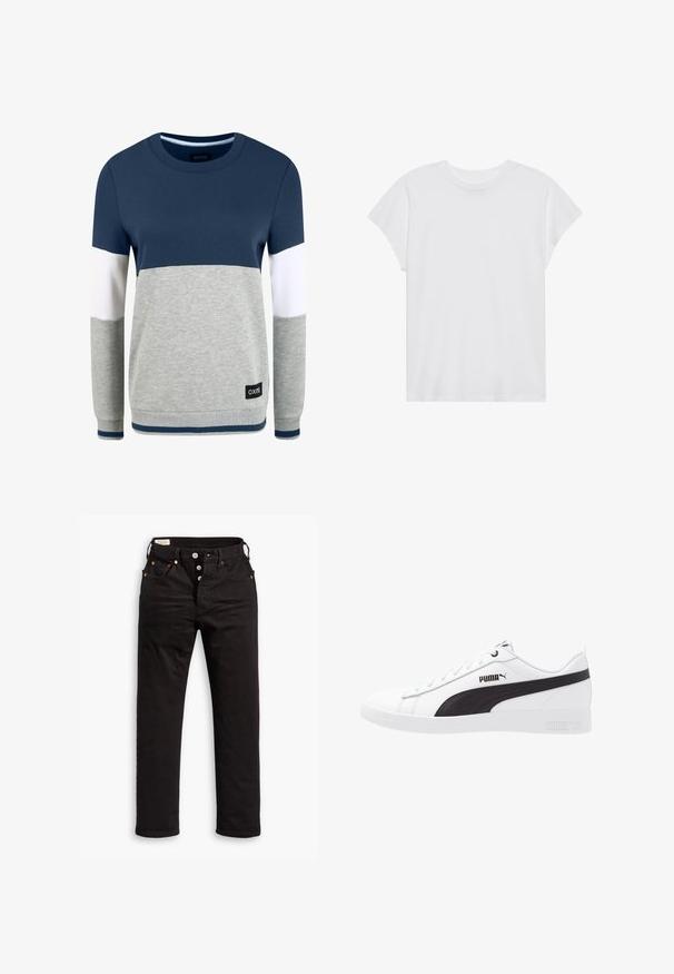 Oxmo OMAYA - Sweatshirt - insignia blue; T-shirt blanc à manches courtes, col rond, coupe décontractée, en tissu de coton doux. Texture lisse, sans motifs ni logos.; Jean noir à jambe droite avec fermeture à boutons, poches avant et arrière, et détails en rivets cuivrés sur fond blanc.; Baskets blanches avec une bande latérale synthétique noire et le logo Puma, présentant une texture lisse, un bout arrondi et un lacet de fermeture.