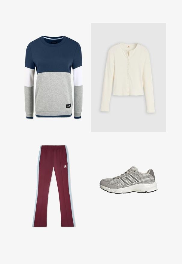 Oxmo OMAYA - Collegepaita - insignia blue; Valkea ribillinen pitkähihainen paita pyöreällä pääntiellä ja nappirivillä edessä. Lyhyt malli, pehmeä tekstuuri.; Bordeaux urheiluhousut, joissa on vaaleansinisiä sivuviivoja, joustava vyötärö ja pieni valkoinen logo edessä. Sileä kankaan pinta.; Harmaa ja valkoinen urheilutennari, jossa on verkkopäällinen, nauhakiinnitys ja pehmustettu pohja, kuvattuna sivulta valkoisella taustalla.