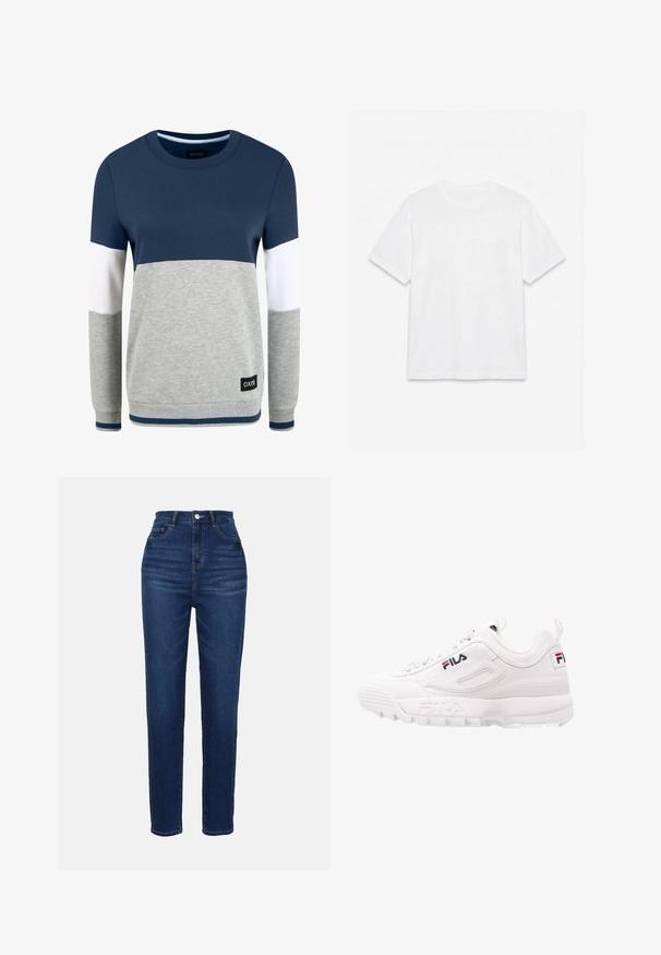Oxmo OMAYA - Φούτερ - insignia blue; Απλό λευκό κοντομάνικο t-shirt με στρογγυλή λαιμόκοψη, απλωμένο επίπεδα πάνω σε λευκό φόντο.; Υψηλής μέσης μπλε τζιν παντελόνι με εφαρμογή slim. Διαθέτει πέντε τσέπες και κλείσιμο με κουμπί. Λείο υλικό και ομοιόμορφη κατανομή χρώματος.; Λευκό αθλητικό sneaker με επενδεδυμένο κολάρο, πάνω μέρος από πλέγμα και συνθετικό δέρμα, λεπτομέρεια λογότυπου σε κόκκινο και ναυτικό μπλε, και χοντρή καουτσούκ σόλα.