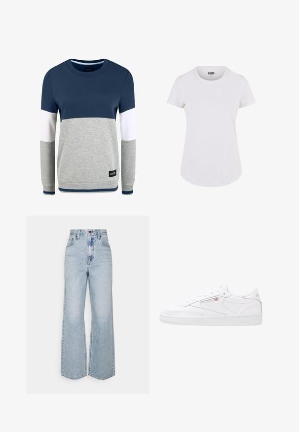 Oxmo OMAYA - Sweatshirt - insignia blue; Weißes T-Shirt mit kurzen Ärmeln und rundem Ausschnitt, aus weichem Stoff gefertigt. Verfügt über einen leicht abgerundeten Saum und ein minimalistisches Design.; Helle blaue Jeans im weiten Schnitt mit hoher Taille, klassischem Fünf-Taschen-Design und kontrastierenden Nähten. Unfinished Saum am unteren Ende.; Weiße Leder-Sneaker mit einem Low-Top-Design, Schnürverschluss, strukturierten Seitenpanelen und geprägtem Reebok-Branding. Gummiaußensohle.