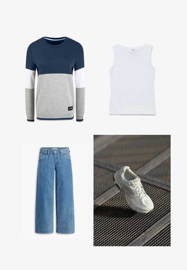 Oxmo OMAYA - Sweatshirt - insignia blue; Ærmeløs hvid bomuldstop med bred rund halsudskæring og lige kant, vist fladt på en hvid baggrund.; Lysblå bredbenede jeans lavet af denim, med høj talje, fem lommer og en klassisk knaplukning. Lige snit fra lår til kant.; Hvide Nike løbesko med overdel i mesh og syntetisk materiale, som hviler på metalristgulv i blødt naturligt lys.