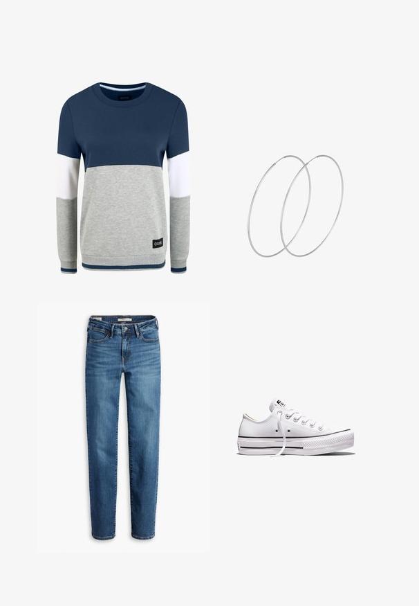 Oxmo OMAYA - Sweatshirt - insignia blue; Jeans aus Denim in einem mittelblauen Farbton, mit einem geraden Schnitt, fünf Taschen und einem Reißverschluss mit Knopfverschluss.; Weißer Sneaker aus Segeltuch mit niedrigem Schnitt, weißen Schnürsenkeln, Gummisohle, schwarzen Streifendetails und Logopatch auf der Zunge und Ferse.; Silberne Creolen mit minimalistischem Design. Rundform, glatte Oberfläche und dünnes Profil. Leichtgewichtig mit hochglänzender Oberfläche.