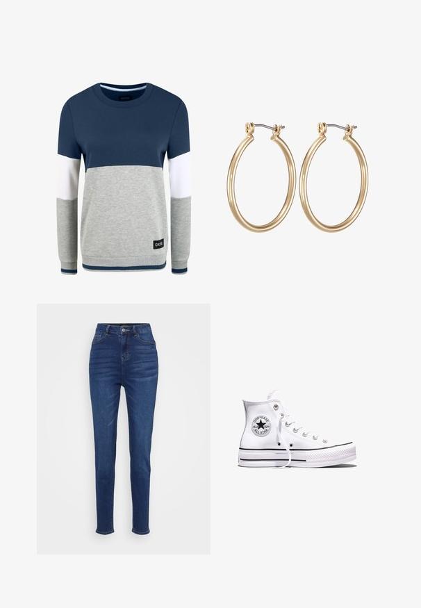 Oxmo OMAYA - Mikina - insignia blue; Vysoké džínsy slim fit v tmavomodrom denimovom materiáli. Obsahujú päť vreciek, pútka na opasok a zapínanie na gombík s jemným vyblednutím pozdĺž nohavíc.; Biela vysoká teniska Converse Chuck Taylor All Star s čiernymi pruhmi a nášivkou s logom na boku, zobrazená na jednoduchom bielom pozadí.; Náušnice z kovu v zlatej farbe v podobe hladkých kruhov s bezpečným pántovým uzatváraním. Ľahké a s lesklým povrchom.