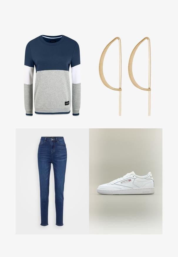 Oxmo OMAYA - Mikina - insignia blue; Vysoké džínsy slim fit v tmavomodrom denimovom materiáli. Obsahujú päť vreciek, pútka na opasok a zapínanie na gombík s jemným vyblednutím pozdĺž nohavíc.; Biele nízke tenisky Reebok s detailmi šitia, perforáciami pri prstoch a logo Reebok s malou vlajkou Union Jack na boku.; Zlaté kovové náušnice s zakriveným, predĺženým tvarom listu. Povrch je hladký a matný, so tenkými horizontálnymi akcentmi.