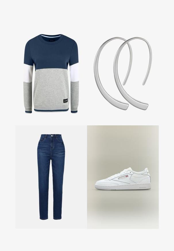 Oxmo OMAYA - Mikina - insignia blue; Džínsy s vysokým pásom v modrej farbe so slim strihom. Majú päť vreciek a zapínanie na gombík. Hladká textúra a rovnomerné rozloženie farby.; Biele nízke tenisky Reebok s detailmi šitia, perforáciami pri prstoch a logo Reebok s malou vlajkou Union Jack na boku.; Strieborné kovové kruhové náušnice s hladkým, lesklým povrchom a zakriveným tvarom polmesiaca, s minimalistickým dizajnom a bez viditeľných vzorov.