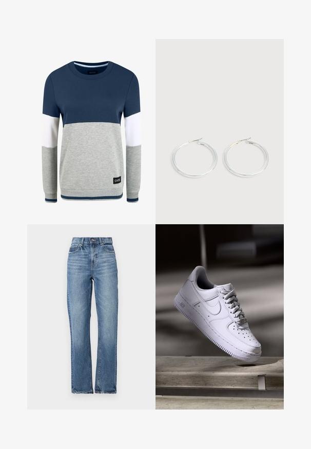 Oxmo OMAYA - Sweatshirt - insignia blue; Jean en denim bleu clair avec taille haute, coupe droite, peu d'effritement et style classique à cinq poches. Fermeture à bouton en bronze.; Baskets Nike Air Force 1 blanches lévitant au-dessus d'une surface en béton avec des ombres dans un cadre minimaliste.; Paire de boucles d'oreilles créoles argentées brillantes avec fermoirs en fil fin, présentée sur un fond gris clair.