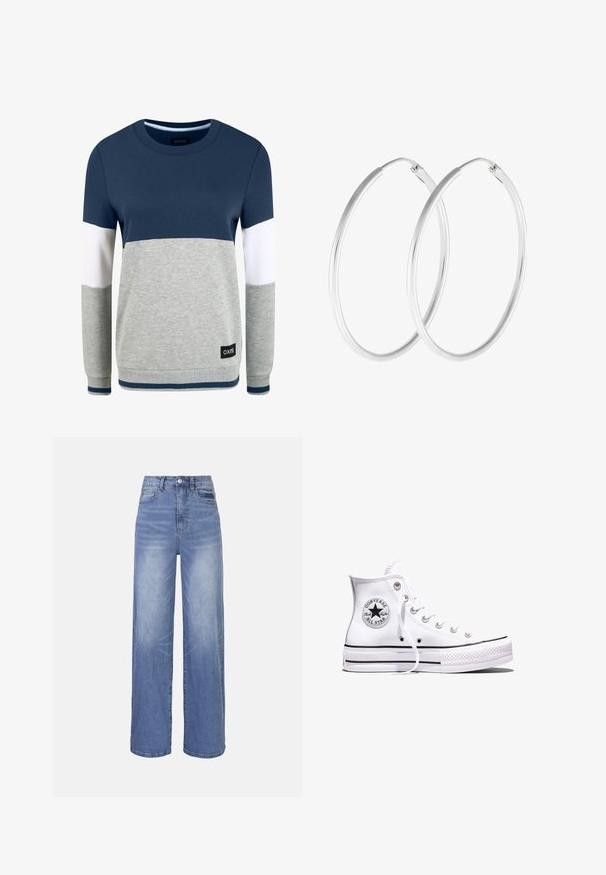 Oxmo OMAYA - Mikina - insignia blue; Svetlomodré široké rifle z denimu s vysokým pásom, zapínaním na gombíky a prednými vreckami. Majú vyblednutý umývaný vzhľad a jemné záhyby.; Biela vysoká teniska Converse Chuck Taylor All Star s čiernymi pruhmi a nášivkou s logom na boku, zobrazená na jednoduchom bielom pozadí.; Strieborné kruhové náušnice s hladkým, okrúhlym tvarom a lešteným povrchom. Obe náušnice sú rovnakej veľkosti a disponujú bezpečným uzatváracím mechanizmom.