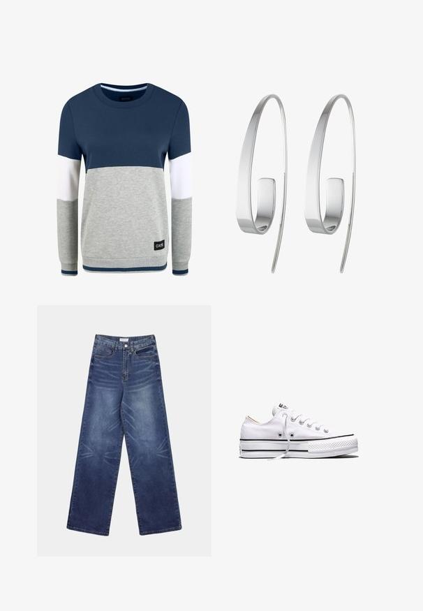 Oxmo OMAYA - Sweatshirt - insignia blue; Jean en denim à jambes larges de couleur bleu foncé, doté d'une taille haute, de motifs délavés prononcés à l'avant, et d'un style classique à cinq poches.; Baskets basses en toile blanche avec lacets blancs, bandes noires sur la semelle et embout en caoutchouc texturé, vue de côté sur fond blanc.; Boucles d'oreilles en argent avec un design allongé et épuré. Fabriquées en métal poli, présentant une texture lisse et un style minimaliste.
