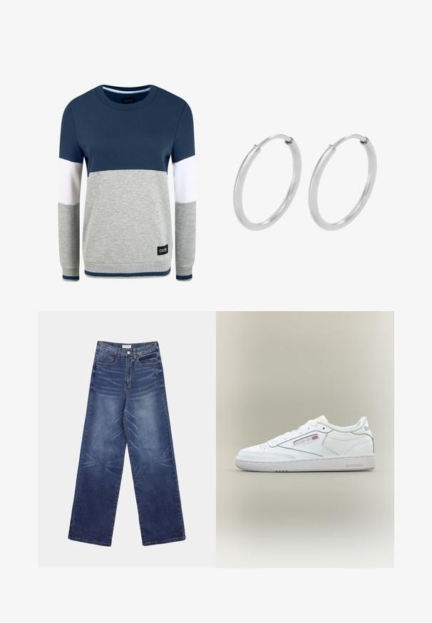 Oxmo OMAYA - Sweatshirt - insignia blue; Weit geschnittene Jeans aus dunkelblauem Denim mit hoher Taille, auffälligen Verwaschungen auf der Vorderseite und klassischem Fünf-Taschen-Design.; Weißer Reebok Low-Top Sneaker mit Nahtdetails, Perforationen nahe den Zehen und Reebok-Logo mit kleinem Union Jack an der Seite.; Silberne Creolen, kreisförmig, mit glatter, glänzender Oberfläche und gleichbleibender Breite. Minimalistisches Design ohne zusätzliche Akzente.