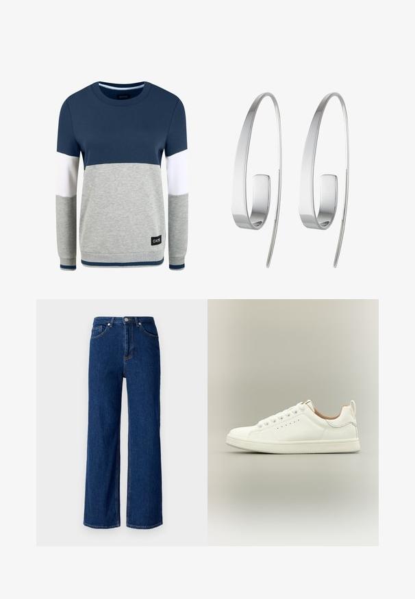 Oxmo OMAYA - Sweatshirt - insignia blue; Jean en denim à jambe large de couleur bleu foncé, avec un design classique à cinq poches, des coutures discrètes et une fermeture à bouton en métal au niveau de la taille.; Baskets blanches basses avec lacets, détails perforés sur les côtés et languette au talon, sur fond neutre.; Boucles d'oreilles en argent avec un design allongé et épuré. Fabriquées en métal poli, présentant une texture lisse et un style minimaliste.