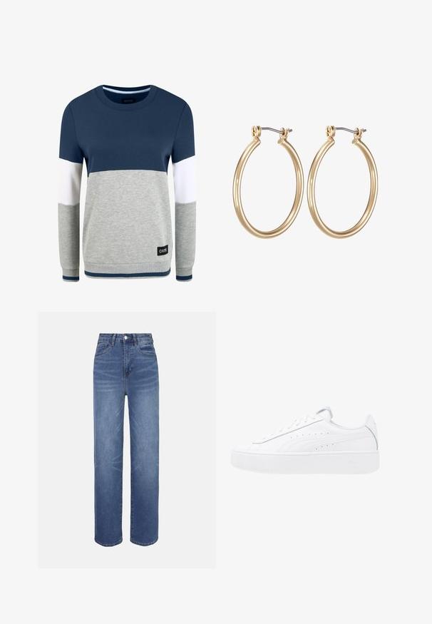 Oxmo OMAYA - Sweatshirt - insignia blue; Hellblaue Jeans aus Denim mit hohem Bund, geradem Bein, Fünf-Taschen-Design und dezenten Verwaschungseffekten im Stoff.; Weiße Plattform-Sneaker mit Obermaterial aus Leder, runder Zehenform und Schnürverschluss. Verfügt über seitliche Perforationen und dezentes Branding an der Ferse.; Goldfarbene Metall-Ohrringe in Form von Kreisen mit einem glatten, runden Design und einem gesicherten Klappverschluss. Leicht und mit einer polierten Oberfläche.