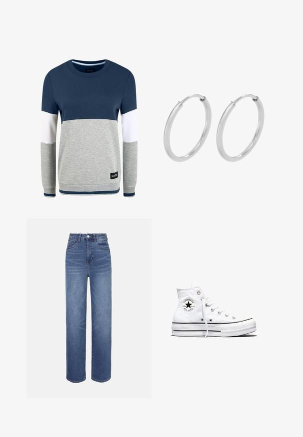 Oxmo OMAYA - Sweater - insignia blue; Lichtblauwe spijkerbroeken met een hoge taille, recht model, vijfzakkenstijl en subtiele vervagingen in de stof.; Witte hoge Converse Chuck Taylor All Star sneaker met zwart logopatch en witte veters, weergegeven op een witte achtergrond.; Zilveren hoepeloorbellen, cirkelvormig, met een gladde glanzende textuur en een constante breedte. Minimalistisch ontwerp zonder extra accenten.