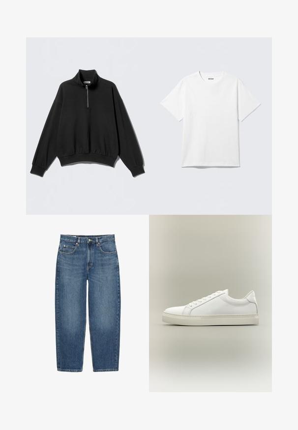 Sort sweatshirt med høj krave og halv lynlås, der har sænkede skuldre og ribbet kant. Fremstillet af blødt, struktureret stof.; Hvid kortærmet crewneck T-shirt lagt fladt ud, ensfarvet design, med "WEEKDAY" mærkat inde i kraven på en lys baggrund.; Blå jeans med lige ben, frontknap og lynlås, bæltestropper og fem lommer på hvid baggrund.; Hvid lavtop sneaker med snørebånd foran og tyk sål, vist fra siden mod en neutral baggrund.