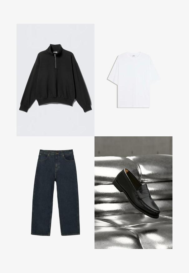 Sort sweatshirt med høj krave og halv lynlås, der har sænkede skuldre og ribbet kant. Fremstillet af blødt, struktureret stof.; Hvid oversized bomulds t-shirt med rund hals og korte ærmer; glat tekstur, uden synlige mønstre eller accenter.; Mørkeblå højttaljede denimjeans med lige ben, forlommer, knaplukning og synlige sømme.; Sort læderloafer svæver over en skinnende sølvfarvet, polstret lædersofa i et minimalistisk miljø.