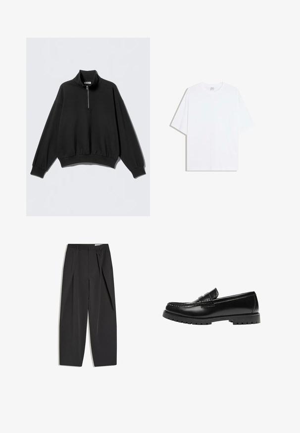 Sort sweatshirt med høj krave og halv lynlås, der har sænkede skuldre og ribbet kant. Fremstillet af blødt, struktureret stof.; Hvid oversized bomulds t-shirt med rund hals og korte ærmer; glat tekstur, uden synlige mønstre eller accenter.; Sorte sorte bukser med høj talje, skræddersyede med læg, bæltestropper og lige ben, vist fladt på en hvid baggrund.; Sort læderloafer med en kraftig gummisål og klassiske penny-strap detaljer, vist fra ydersiden.