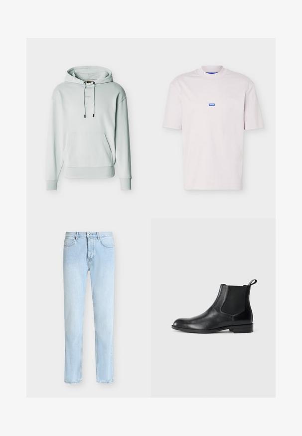 Sweat à capuche gris clair avec poche kangourou à l'avant, cordons de serrage ajustables, poignets et ourlet côtelés, et logo "BOSS" discret sur la poitrine.; T-shirt à manches courtes de couleur rose clair unie avec un petit logo bleu "HUGO" centré sur la poitrine et un col rond côtelé.; Jean denim bleu clair à jambes droites avec cinq poches, passants pour ceinture, fermeture à bouton et zip à l'avant.; Bottine en cuir noir avec des panneaux latéraux élastiques, bout rond et tirette. Texture lisse, semelle plate, design minimaliste.