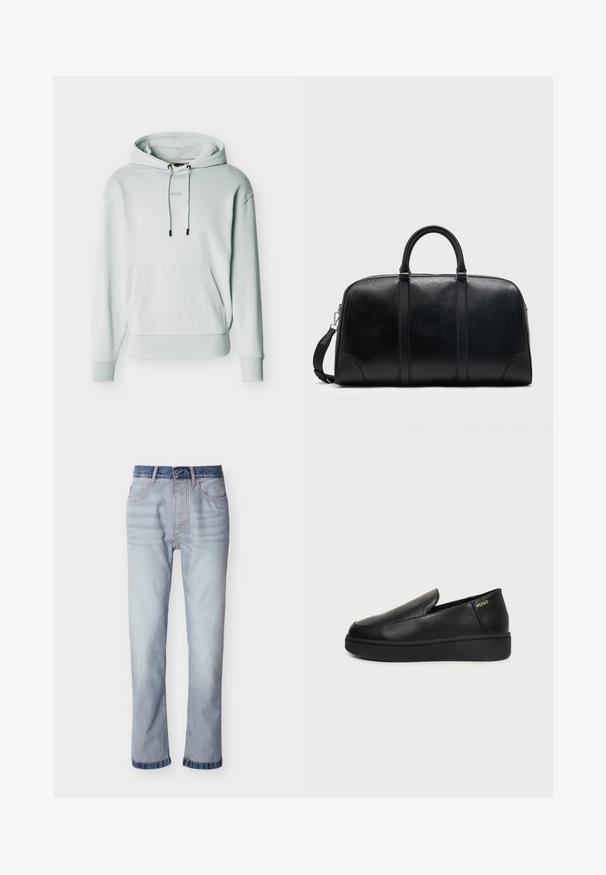 Sweat à capuche gris clair avec poche kangourou à l'avant, cordons de serrage ajustables, poignets et ourlet côtelés, et logo "BOSS" discret sur la poitrine.; Jean denim bleu clair avec une ceinture bleu foncé, coupe droite, cinq poches et détails de couture visibles.; Chaussure noire en cuir à enfiler avec semelle épaisse et petits trous de ventilation latéraux, avec un logo doré "HUGO" près du talon.; Sac de voyage en cuir noir avec deux poignées supérieures, bandoulière amovible et petit logo "Hugo" centré près de la fermeture éclair supérieure.