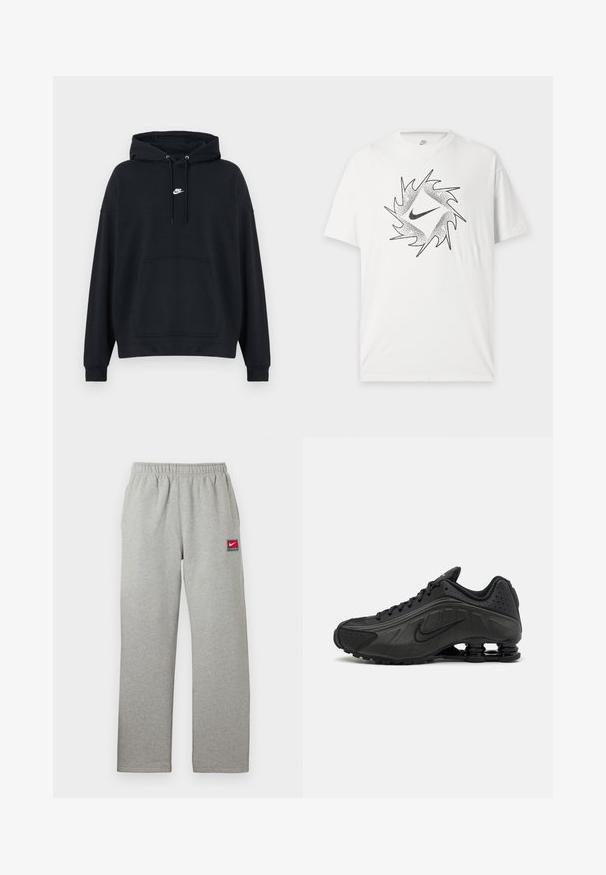 Μαύρο φούτερ Nike με τσέπη καγκουρό μπροστά, ρυθμιζόμενο σκοινί για την κουκούλα και μικρό λευκό λογότυπο Nike στο κέντρο του στήθους.; Λευκό κοντομάνικο T-shirt Nike με μαύρο αφηρημένο κυκλικό σχέδιο και κεντρικό λογότυπο Nike swoosh στο εμπρόσθιο μέρος.; Γκρι φόρμα με ελαστική μέση, ευθεία κοπή και ένα μικρό κόκκινο και λευκό λογότυπο Nike στο αριστερό μέρος. Απαλή υφή.; Μαύρα αθλητικά παπούτσια με λείο συνθετικό άνω μέρος, διάτρητες λεπτομέρειες, υφή στις πλευρές και ξεχωριστή ελαστική σόλα.