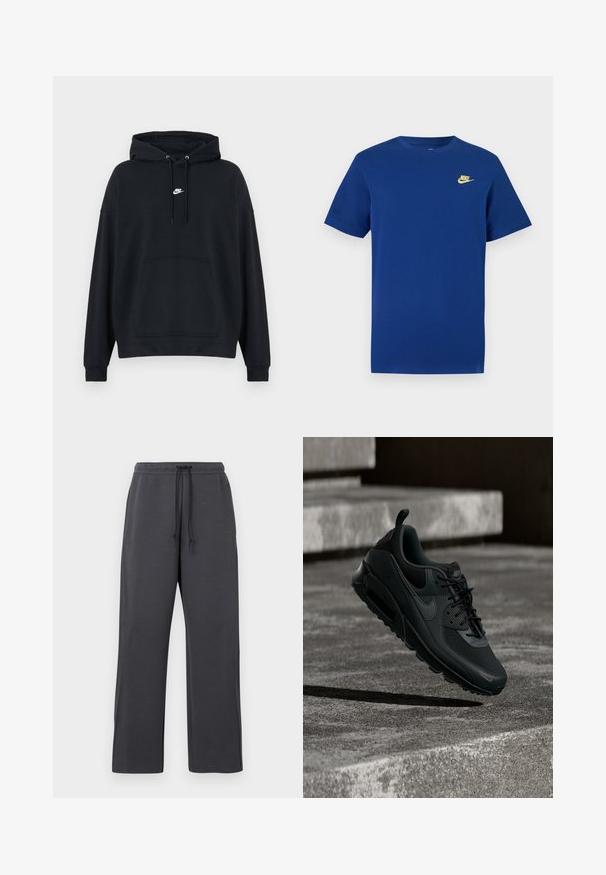Μαύρο φούτερ Nike με τσέπη καγκουρό μπροστά, ρυθμιζόμενο σκοινί για την κουκούλα και μικρό λευκό λογότυπο Nike στο κέντρο του στήθους.; Μπλούζα σε ναυτικό μπλε με κοντά μανίκια, μικρό κίτρινο λογότυπο Nike στην αριστερή πλευρά του στήθους και στρογγυλή λαιμόκοψη.; Γκρι φόρμα με ρυθμιζόμενο κορδόνι στη μέση, κατασκευασμένη από μαλακό ύφασμα. Φαρδιά γραμμή στο παντελόνι με πλαϊνές ραφές, απλές λεπτομέρειες και χωρίς ορατά σχέδια.; Μαύρο αθλητικό παπούτσι Nike Air Max αιωρείται στον αέρα πάνω από μια υφή σκυρόδεμα στο έδαφος με σκάλες από σκυρόδεμα στο παρασκήνιο.