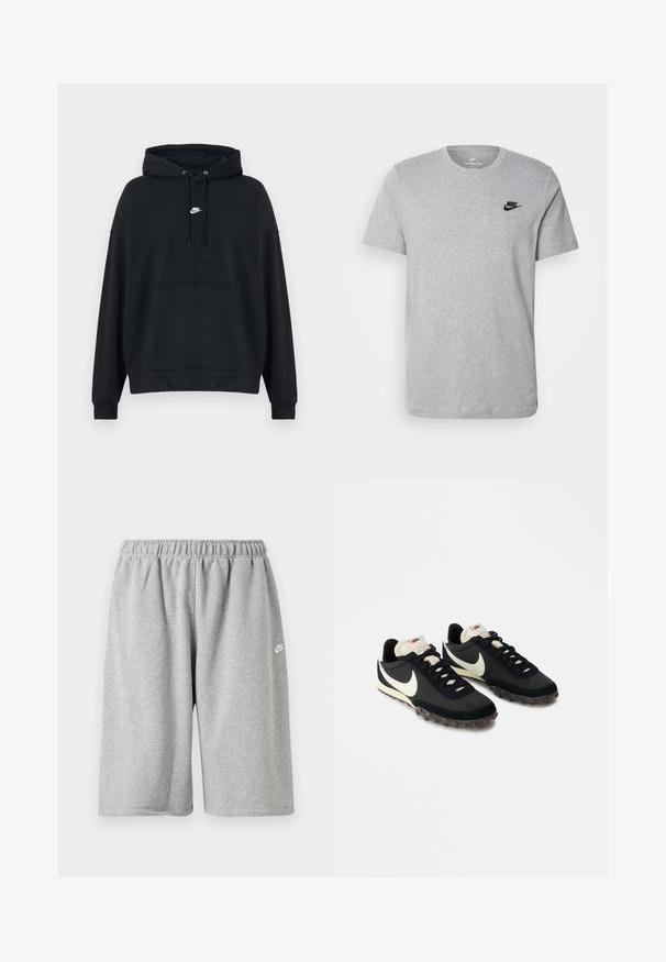 Μαύρο φούτερ Nike με τσέπη καγκουρό μπροστά, ρυθμιζόμενο σκοινί για την κουκούλα και μικρό λευκό λογότυπο Nike στο κέντρο του στήθους.; Γκρι κοντομάνικη μπλούζα φτιαγμένη από βαμβάκι, με μαύρο λογότυπο Nike στο στήθος και στρογγυλή λαιμόκοψη. Μινιμαλιστικός σχεδιασμός χωρίς μοτίβα.; Γκρι βαμβακερό σορτς με ελαστική μέση, άνετη εφαρμογή και μικρό λευκό λογότυπο κοντά στο τελείωμα. Ομαλή υφή, μήκος πάνω από το γόνατο.; Μαύρα αθλητικά παπούτσια με υφή στο επάνω μέρος, λευκό λογότυπο swoosh και καουτσούκ σόλα με μικρά καρφιά για πρόσφυση. Κρέμα χρώματος κολάρο.