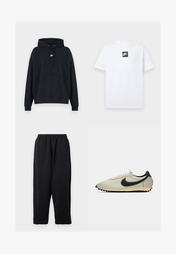 Μαύρο φούτερ Nike με τσέπη καγκουρό μπροστά, ρυθμιζόμενο σκοινί για την κουκούλα και μικρό λευκό λογότυπο Nike στο κέντρο του στήθους.; Άσπρο κοντομάνικο T-shirt της Nike με μικρό πράσινο τετράγωνο λογότυπο που απεικονίζει το σήμα Swoosh της Nike και κείμενο στο κέντρο του στήθους.; Μαύρο παντελόνι φόρμας από απαλό ύφασμα, με ελαστική μέση, φαρδιές πόρπες και πλαϊνές τσέπες με διακριτικές μπλε λεπτομέρειες.; Μπεζ καμβαδίνη αθλητικά με μαύρες δερμάτινες λεπτομέρειες, στρογγυλή μύτη, επίπεδη μαύρη σόλα και λευκές κορδόνες. Διαθέτει έντονο μαύρο λογότυπο.