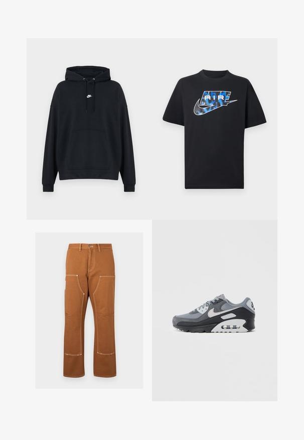 Μαύρο φούτερ Nike με τσέπη καγκουρό μπροστά, ρυθμιζόμενο σκοινί για την κουκούλα και μικρό λευκό λογότυπο Nike στο κέντρο του στήθους.; Μαύρο κοντομάνικο μπλουζάκι με μπλε και λευκό στιλιζαρισμένο κείμενο "AIR" και το λογότυπο Nike Swoosh στο στήθος.; Καφέ εργασιακό παντελόνι με ενισχυμένα γόνατα, πολλές τσέπες, θηλιές για ζώνη και ορατή λευκή ραφή σε απλό φόντο.; Γκρι αθλητικό παπούτσι που συνδυάζει πλέγμα και σουέντ υλικά, με μαύρη σόλα και ορατή μονάδα αέρα. Διακριτικές ανοιχτόγριζες λεπτομέρειες και κορδόνια.