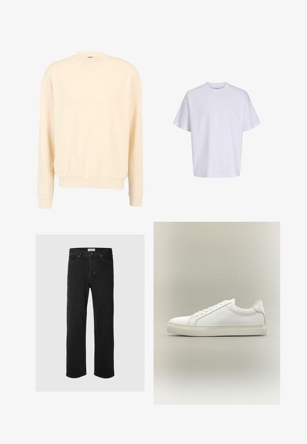 Sweatshirt de couleur crème fabriqué à partir d'un tissu doux, avec un col rond, des épaules abaissées et des poignets et un ourlet côtelés. Design simpliste.; T-shirt blanc uni oversize à manches courtes, col rond et coupe ample sur fond blanc.; Des jeans en denim noir à coupe droite disposent d'un design classique à cinq poches avec fermeture à bouton, de coutures minimales et d'une texture douce.; Baskets blanches basses à lacets sur l’avant et semelle épaisse, vues de côté sur un fond neutre.