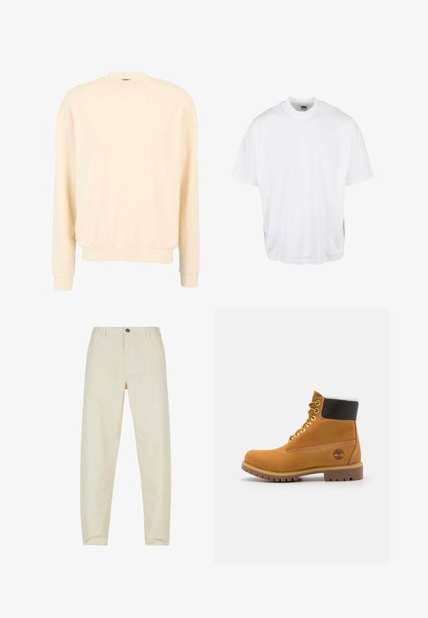 Sweatshirt de couleur crème fabriqué à partir d'un tissu doux, avec un col rond, des épaules abaissées et des poignets et un ourlet côtelés. Design simpliste.; T-shirt en coton blanc avec une coupe décontractée, des manches courtes et un col rond, présentant un ourlet droit et sans graphiques ni motifs visibles.; Pantalons de couleur crème en coton avec une coupe droite. Dotés d'une fermeture à bouton sur le devant et de poches latérales. Texture lisse.; Bottine en cuir brun avec œillets en métal, doublure en fourrure blanche, col rembourré noir, semelle robuste et logo en relief sur le côté.
