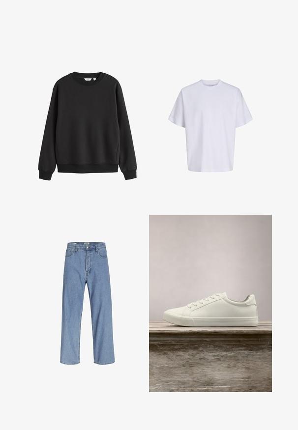 Sort sweatshirt med rund hals, lange ærmer, ribkanter ved ærmer og bund, vist på hvid baggrund.; Simpel hvid oversized t-shirt med korte ærmer, rund hals og løs pasform mod en hvid baggrund.; Lyseblå denimjeans med en afslappet pasform, der har høj talje, vide ben og fem lomme-design. Stoffet har en blød tekstur.; Hvide snørresneakers svævende over en træbænk med grønne planter i baggrunden, der fremhæver skodesign og tekstur.