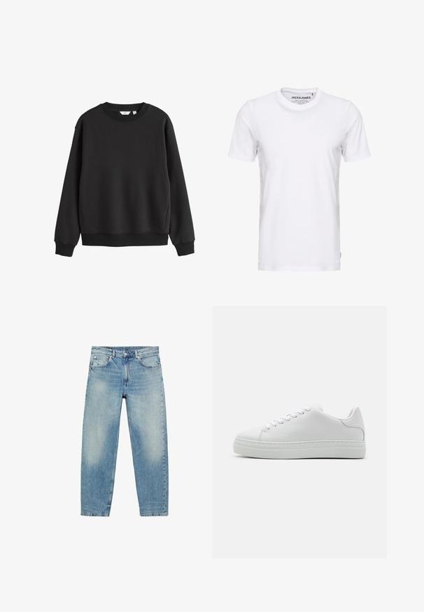 Sort sweatshirt med rund hals, lange ærmer, ribkanter ved ærmer og bund, vist på hvid baggrund.; Hvid t-shirt med korte ærmer lavet af bomuld, med en rund hals og et enkelt design. Brandtag synlig på halsområdet. Ingen mønstre eller accenter.; Blå straight-leg denim jeans med forlommer og bæltestropper, der viser let falmede detaljer på lår og knæ.; Hvide lædersneakers med en chunky platformsål, rund tå og seks snørehuller. Glat tekstur med subtile syninger.