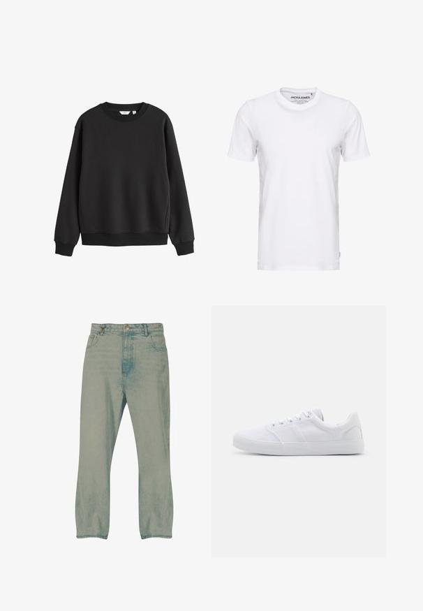 Zwarte trui met ronde hals, lange mouwen, geribde boorden en zoom, afgebeeld op een witte achtergrond.; Witte korte mouwen t-shirt van katoen, met een ronde hals en een eenvoudig ontwerp. Merktag zichtbaar op het nekgebied. Geen patronen of accenten.; Lichtblauwe rechte jeans met knopen aan de voorkant, riemlussen en voorzakken, weergegeven tegen een witte achtergrond.; Witte canvas sneakers met een rubberen zool, voorzien van zes oogjes, een gestructureerde neuskap en een minimalistisch ontwerp.
