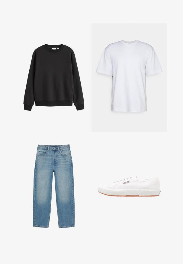 Sort sweatshirt med rund hals, lange ærmer, ribkanter ved ærmer og bund, vist på hvid baggrund.; Filippa K HEAVY CREW NECK TEE - T-shirts basic - white; Blå jeans med lige ben, forlommer, bæltestropper, knaplukning og diskrete falmede detaljer på lår og knæ.; Hvide kanvas sneakers med gummisål, snørebåndsdesign og et lille logo mærke på siden. Tekstureret hvid overdel og brun ydersål.