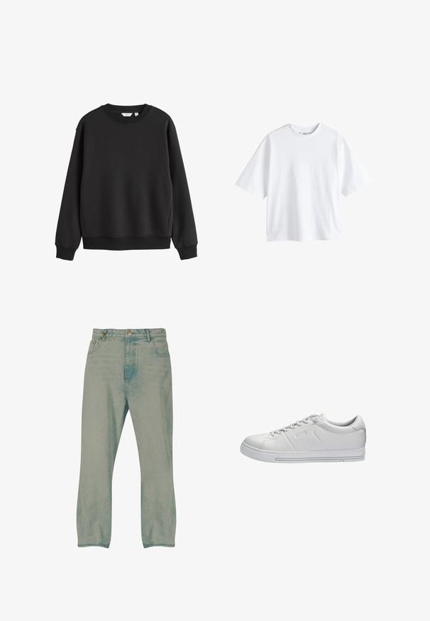 Sort sweatshirt med rund hals, lange ærmer, ribkanter ved ærmer og bund, vist på hvid baggrund.; Next BOXY FIT - HEAVYWEIGHT T-SHIRT . - T-shirts basic - white; Lyseblå jeans med lige ben, forrest knapper, bæltestropper og forlommer, vist mod en hvid baggrund.; Hvid lavt snøret lædersneaker med snørebånd, præget mærkenavn på siden og en flad gummisål med subtile horisontale striber.