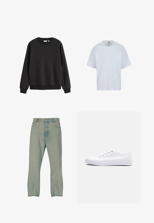 Sort sweatshirt med rund hals, lange ærmer, ribkanter ved ærmer og bund, vist på hvid baggrund.; Hvid bomulds T-shirt med rund halsudskæring, korte ærmer og lige snit. Har subtile syningsdetaljer på skuldrene.; Lyseblå jeans med lige ben, forrest knapper, bæltestropper og forlommer, vist mod en hvid baggrund.; Lavtop hvid lærredsneaker med hvide snørebånd, gummisål og metaløjer, vist fra ydersiden på en ensfarvet baggrund.