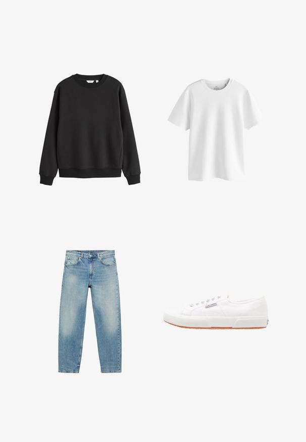 Sort sweatshirt med rund hals, lange ærmer, ribkanter ved ærmer og bund, vist på hvid baggrund.; Almindelig hvid t-shirt med korte ærmer og rund hals samt almindelig pasform, vist på hvid baggrund.; Blå straight-leg denim jeans med forlommer og bæltestropper, der viser let falmede detaljer på lår og knæ.; Hvide kanvas sneakers med gummisål, snørebåndsdesign og et lille logo mærke på siden. Tekstureret hvid overdel og brun ydersål.