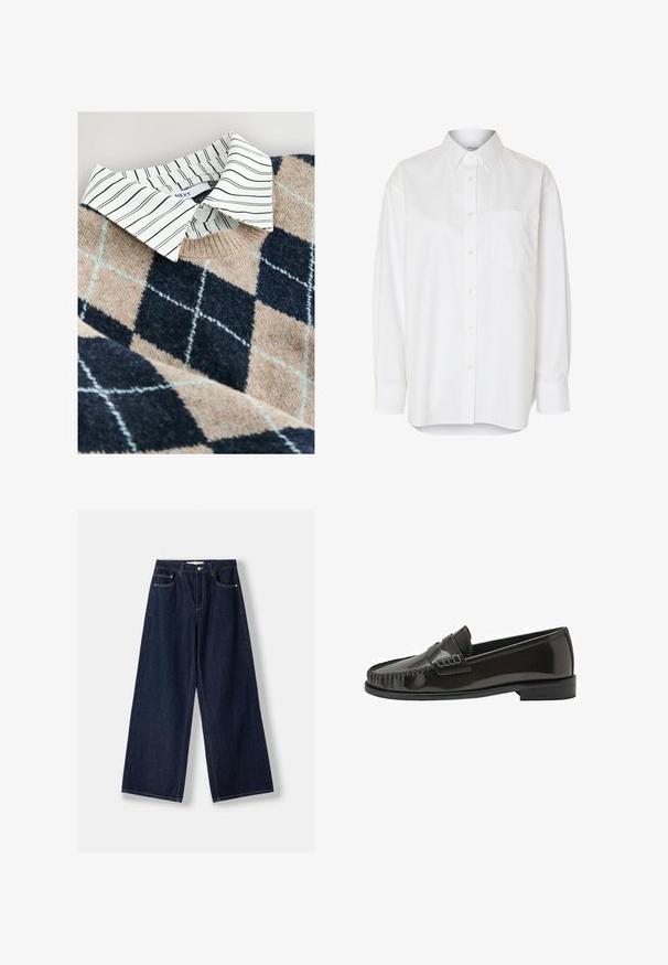 Striktrøje med et tan- og navy argyle mønster, en hvidstribet skjorte med krave under, samt et tekstureret, blødt materiale.; Hvid langærmet skjorte med knapper, spids krave og brystlomme, vist mod en ensfarvet baggrund.; Mørkeblå vidde denimjeans med knap- og lynlås foran, forlommer og bæltestropper, lagt fladt på en hvid baggrund.; Sort blank læder herre slip-on loafer med syning på moc tå og lav stablet hæl, vist i sideprofil på hvid baggrund.