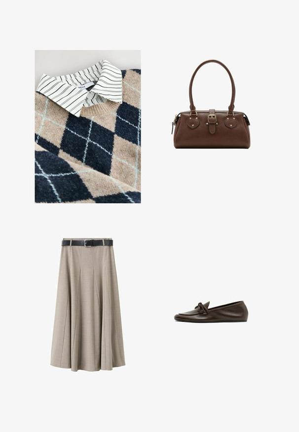 Striktrøje med et tan- og navy argyle mønster, en hvidstribet skjorte med krave under, samt et tekstureret, blødt materiale.; Beige plisseret nederdel lavet af blødt stof, med et sort bælte med sølvspænde. Nederdelen har et flagrende design og er i midterlang længde.; Mørkebrune læder flade loafers med en rundet tå og dekorativ sløjfe på overdelen, vist fra siden på hvid baggrund.; Brun læderhåndtaske med to håndtag, en central spænde-strop og guldfarvede beslag, vist mod en hvid baggrund.