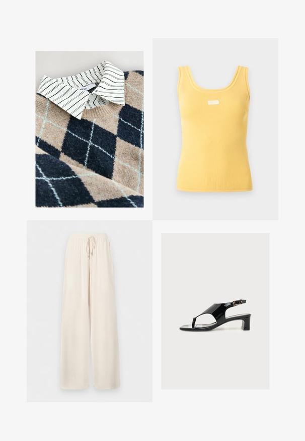 Striktrøje med et tan- og navy argyle mønster, en hvidstribet skjorte med krave under, samt et tekstureret, blødt materiale.; Gul ribbet ærmeløs tanktop med brede stropper og et lille hvidt rektangulært mærke centreret nær udskæringen.; Løse, cremefarvede bukser med elastik i taljen og bindebånd, lavet af letvægtsstof.; Sort laklæder damesandal med lav blokhæl, åben tå, strop bag hæl og lille guldlukning på ensfarvet baggrund.